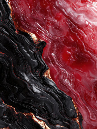 Abstract red and black marble texture with gold accentsの素材