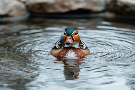 Mandarin duck swimming in a pondの素材