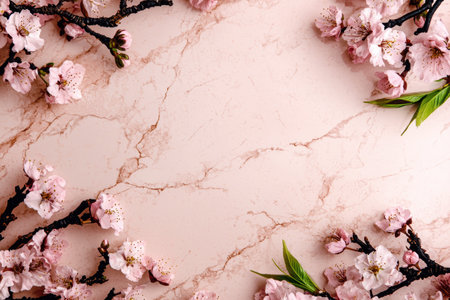 Pink flowers on marble background, spring blossom, floral arrangementの素材