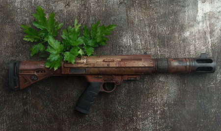 Rusty sci-fi blaster with green leaves on grunge backgroundの素材