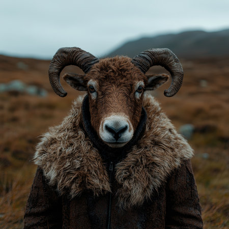 Ram in a fur coat, winter landscapeの素材
