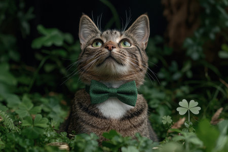 Adorable tabby cat wearing a green bow tie in a clover patchの素材