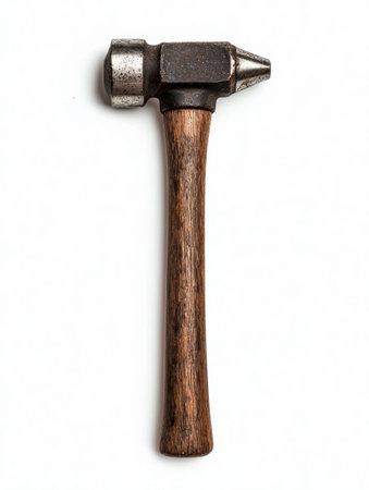 Vintage Ball Peen Hammer with Wooden Handle on White Backgroundの素材