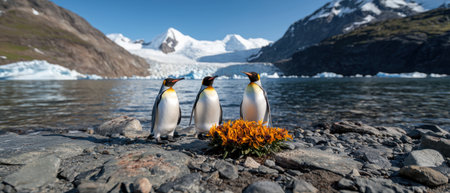 Three king penguins standing on rocks near a glacierの素材