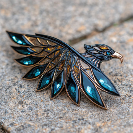 Close-up of an eagle-shaped brooch with blue and gold accentsの素材