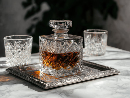 Crystal decanter of amber liquor with two glasses on a silver trayの素材