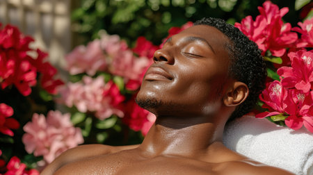 Relaxed young man enjoying the sun in a garden of flowersの素材