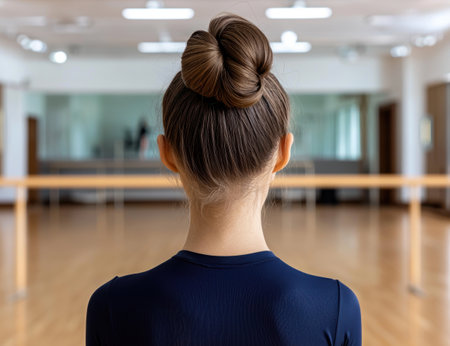 Young girl with bun hairstyle in dance studioの素材