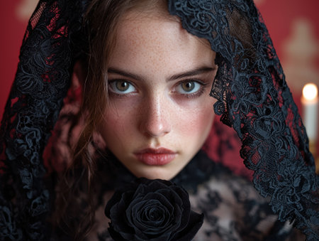Portrait of a girl in a black lace veil holding a black roseの素材