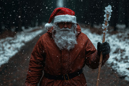 Frightening Santa Claus walking in snowy forestの素材