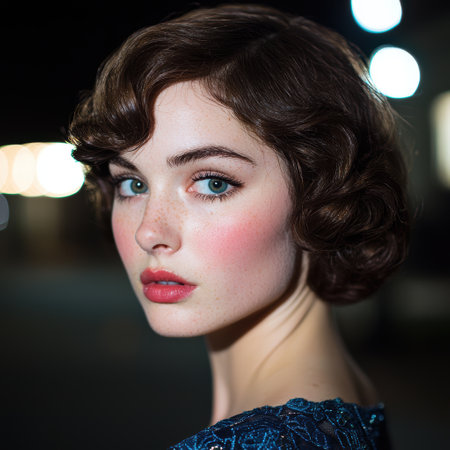 Close-up portrait of a young woman with 1920s hairstyleの素材