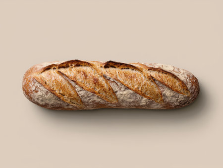 Freshly baked sourdough bread loaf on a beige backgroundの素材