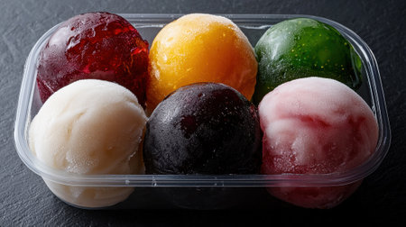 Assorted frozen fruit juice balls in a plastic containerの素材
