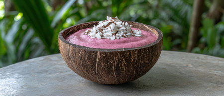 Delicious smoothie bowl with coconut flakes in a coconut shell bowlの素材