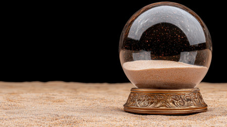 Ornate gold snow globe with sand on a sandy surfaceの素材