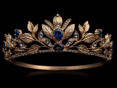 Gold tiara with blue sapphires and diamonds on black backgroundの素材