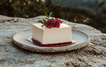 Delicious vegan tofu cheesecake with berry coulis, garnished with edible flowersの素材