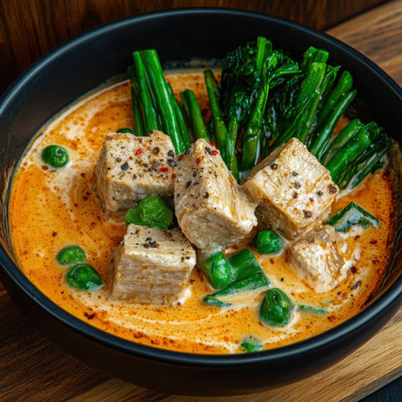Delicious thai red curry with tofu and vegetables in a black bowlの素材