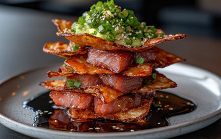 Delicious gourmet ahi tuna poke appetizer on crispy potato chipsの素材