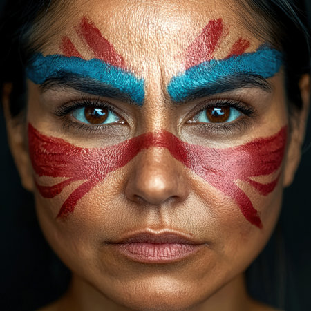 Close-up portrait of a woman with red and blue face paintの素材