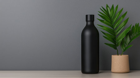 Black bottle mockup with tropical plant on wooden tableの素材