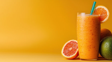 Refreshing orange smoothie in tall glass with fruit slicesの素材