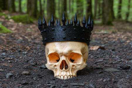 Black crown on a skull in a dark forestの素材