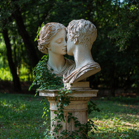 Stone couple kissing statue in a gardenの素材