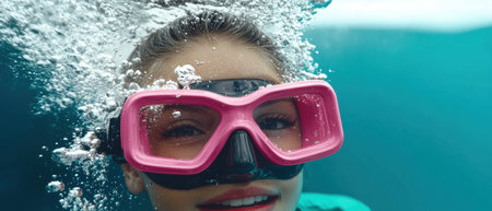 Woman wearing pink diving mask underwaterの素材