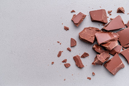 Broken pieces of dark chocolate on a gray backgroundの素材