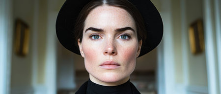 Close-up portrait of a woman with freckles wearing a black hatの素材