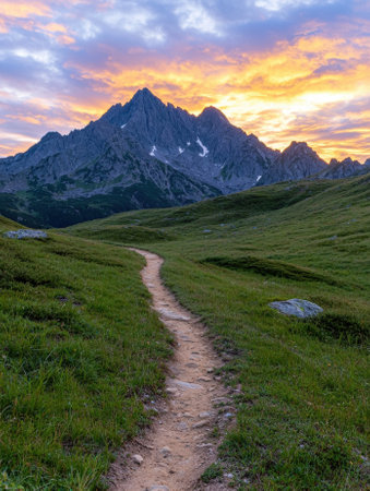 A winding trail leads to majestic mountains at sunsetの素材