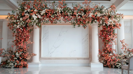 Elegant wedding ceremony floral arch with white columns and marble wallの素材