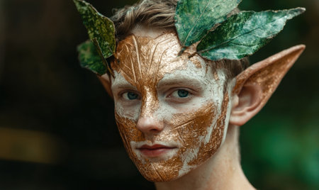 Close-up portrait of a young man with intricate golden and white face paint and pointed elf ears, wearing leaves as a headdress.の素材