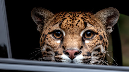 Close-up portrait of an ocelot peering from a car windowの素材
