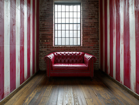 Red leather comfortable sofa in a room with red and white striped wallsの素材