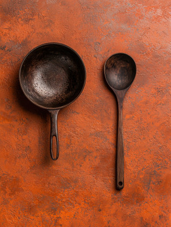 Rustic wooden spoon and cast iron pan on orange backgroundの素材