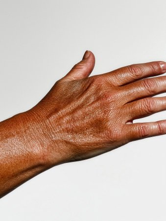 Close-up of a tanned hand with wrinkles, showing signs of aging and sun exposureの素材