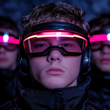 Futuristic young man wearing a neon headset and gogglesの素材