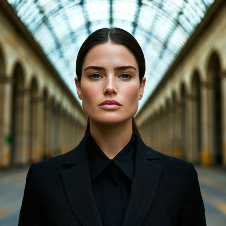 Portrait of a woman in a black suit, serious expressionの素材