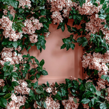 Pink flowers frame a peach backgroundの素材