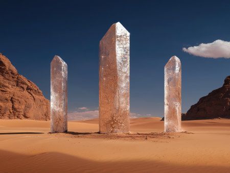 Three crystalline pillars rise from a desert landscape under a clear blue skyの素材