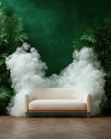 Elegant cream sofa in a room with green walls and tropical plantsの素材