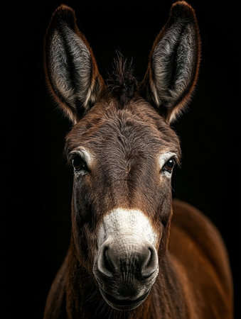 Close-up portrait of a brown donkey against a black backgroundの素材