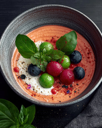 Delicious gazpacho with creamy yogurt, fresh basil, and colorful berriesの素材
