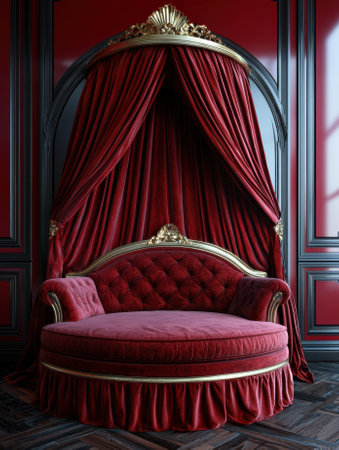 Luxurious red velvet chaise lounge in a dark, ornate roomの素材