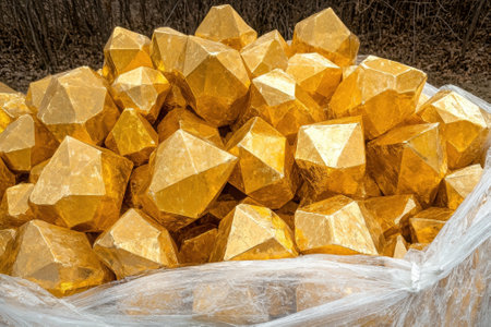 Pile of gold nugget shaped objects in plastic bagの素材