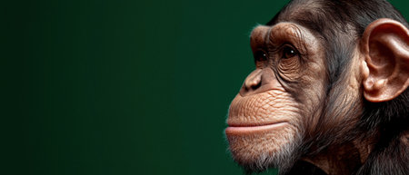 Close-up profile of a chimpanzee against a dark green backgroundの素材