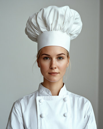 Confident female chef in uniform and hatの素材