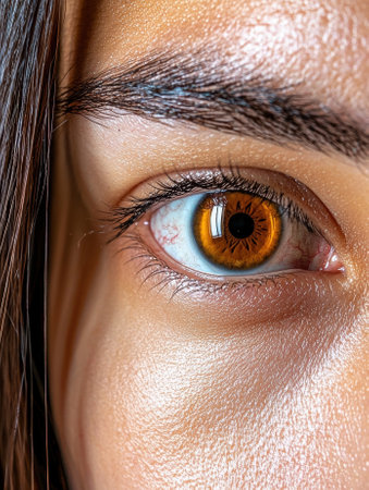 Close-up of a woman's eye with brown iris and long eyelashesの素材